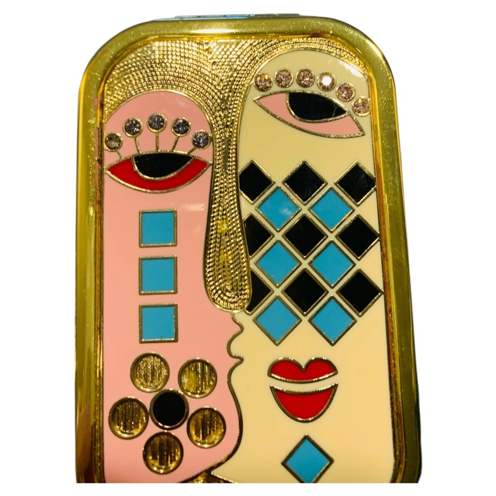 Mirror Compact Metal Enamel Cubist Art Gold, Pink, Blue Inlaid Gems - Picture 8 of 9